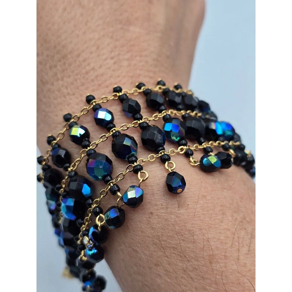 Joan Rivers Beaded Bib Bracelet Women Black AB Gold Excellent Statement Fringe